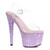 Ellie 7 inch purple leopard platform heel with clear straps, side view on white