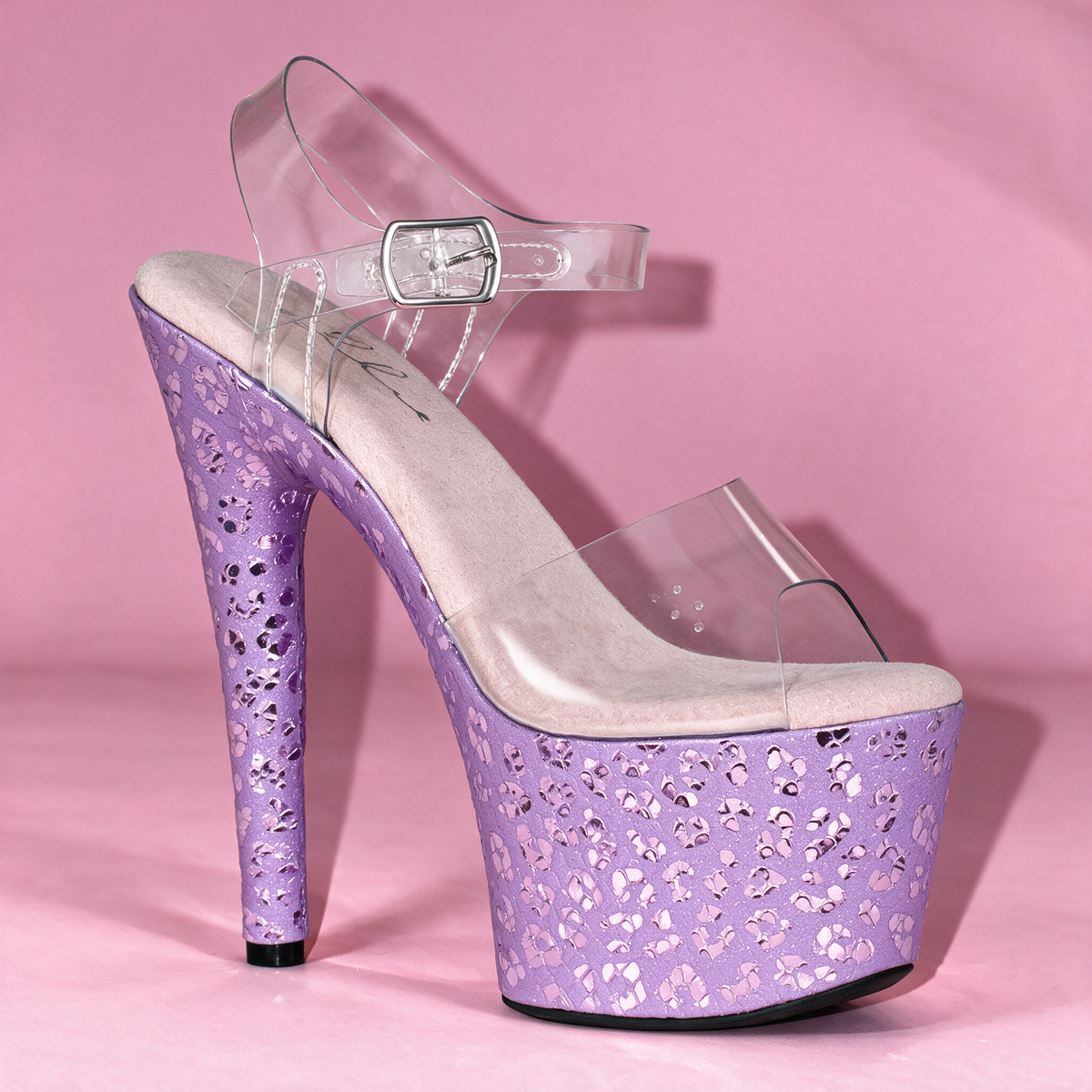 Ellie 7 inch purple leopard platform heel with clear straps, side view on pink