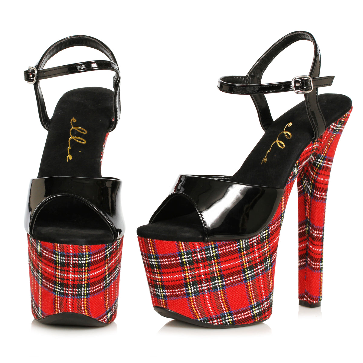 Ellie 7 inch Red Plaid Schoolgirl Platform Sandal, side view on white