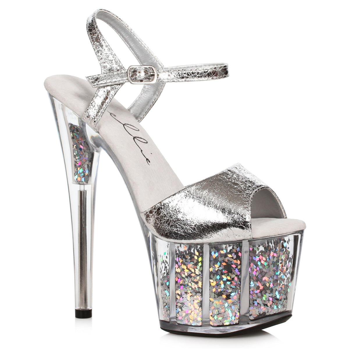 Ellie 7 inch silver metallic sandal on a clear platform filled with silver holographic glitter flakes, side view on white