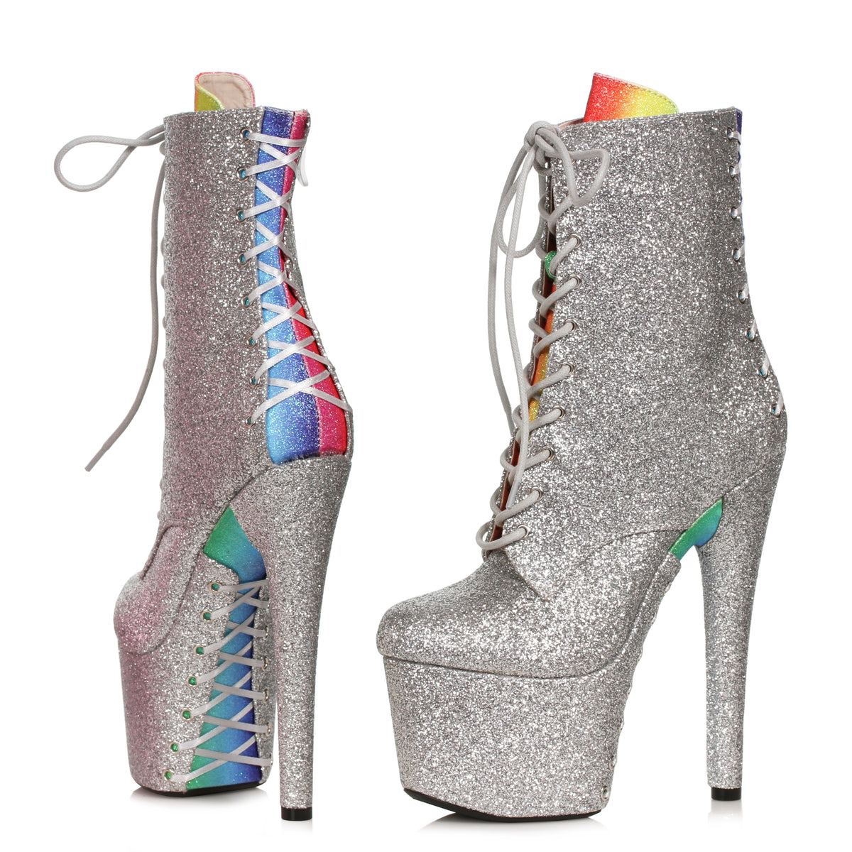 Ellie 7 inch silver glitter lace-up platform ankle boot with rainbow glitter corset back, side and front view on white
