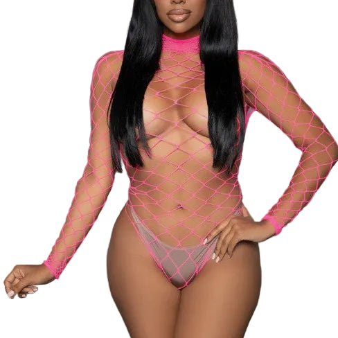 Stella hot pink fishnet long sleeve bodysuit front view — Golddiggers Boutique exotic dancewear