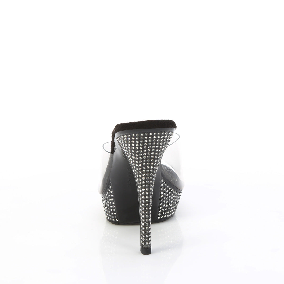 Fabulicious Athena-501 5 inch clear black rhinestone platform slide, back view of the heel