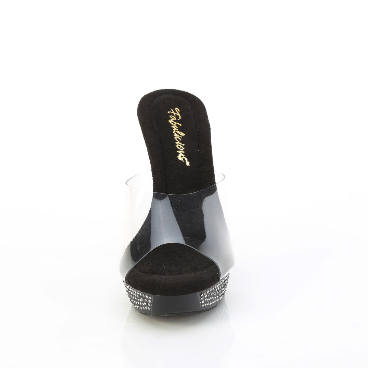 Fabulicious Athena-501 5 inch clear black rhinestone platform slide, front view