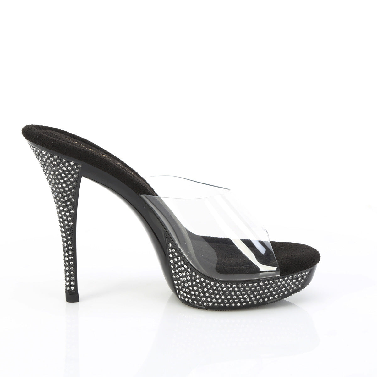 Fabulicious Athena-501 5 inch clear black rhinestone platform slide, inside view