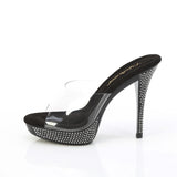 Fabulicious Athena-501 5 inch clear black rhinestone platform slide, side view of the heel