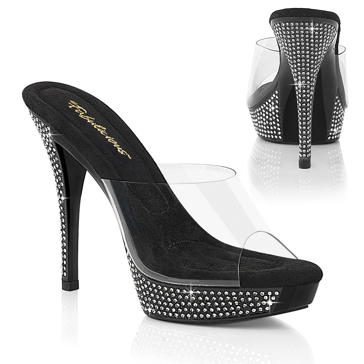 Fabulicious Athena-501 5 inch clear black rhinestone platform slide, three-quarter view on white