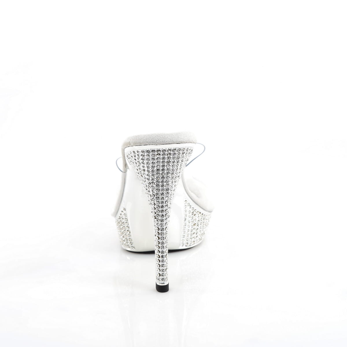 Fabulicious Athena-501 5 inch clear silver chrome rhinestone platform slide, back view of the heel