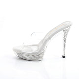 Fabulicious Athena-501 5 inch clear silver chrome rhinestone platform slide, side view of the heel