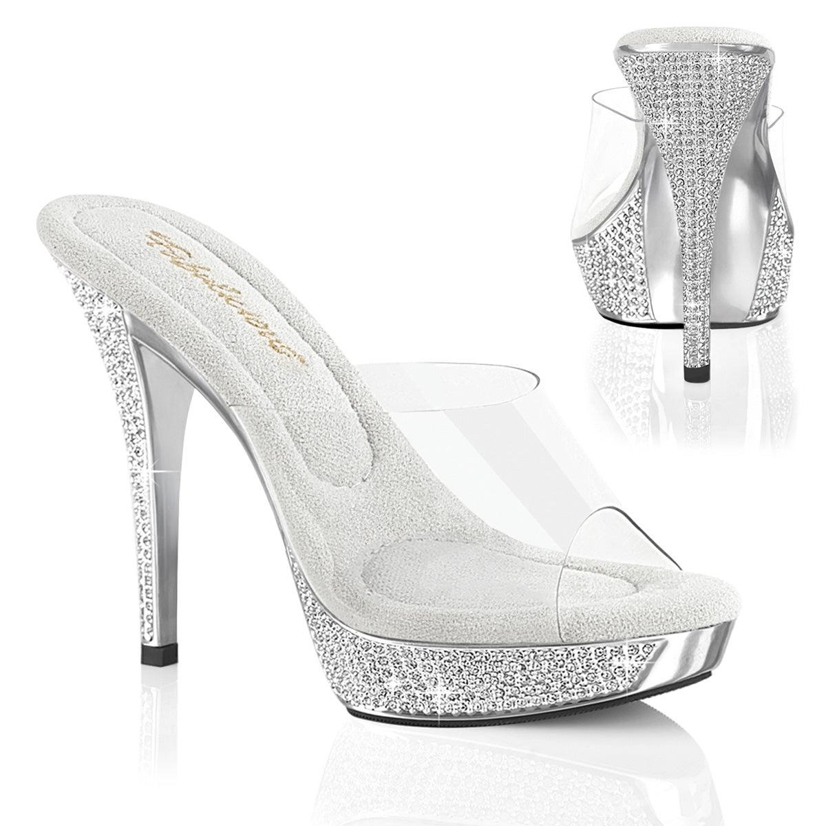 Fabulicious Athena-501 5 inch clear silver chrome rhinestone platform slide, three-quarter view on white
