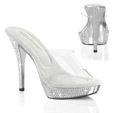Fabulicious Athena-501 5 inch clear silver chrome rhinestone platform slide, three-quarter view on white
