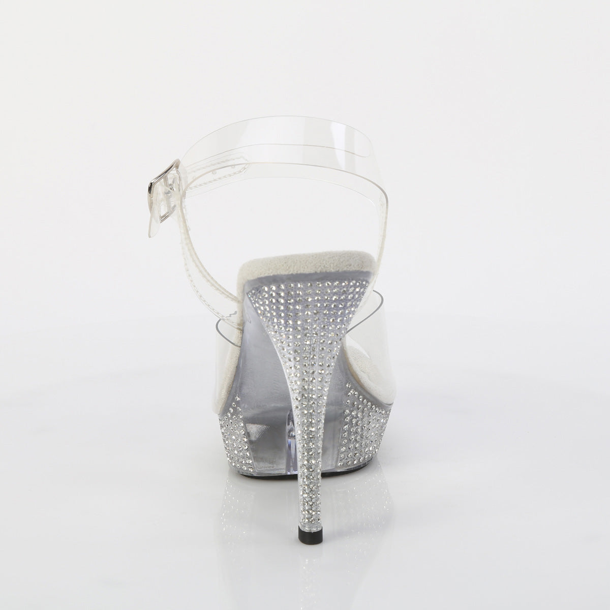 Fabulicious Athena-508 5 inch clear rhinestone platform ankle strap sandal, back view of the heel