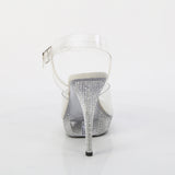 Fabulicious Athena-508 5 inch clear rhinestone platform ankle strap sandal, back view of the heel