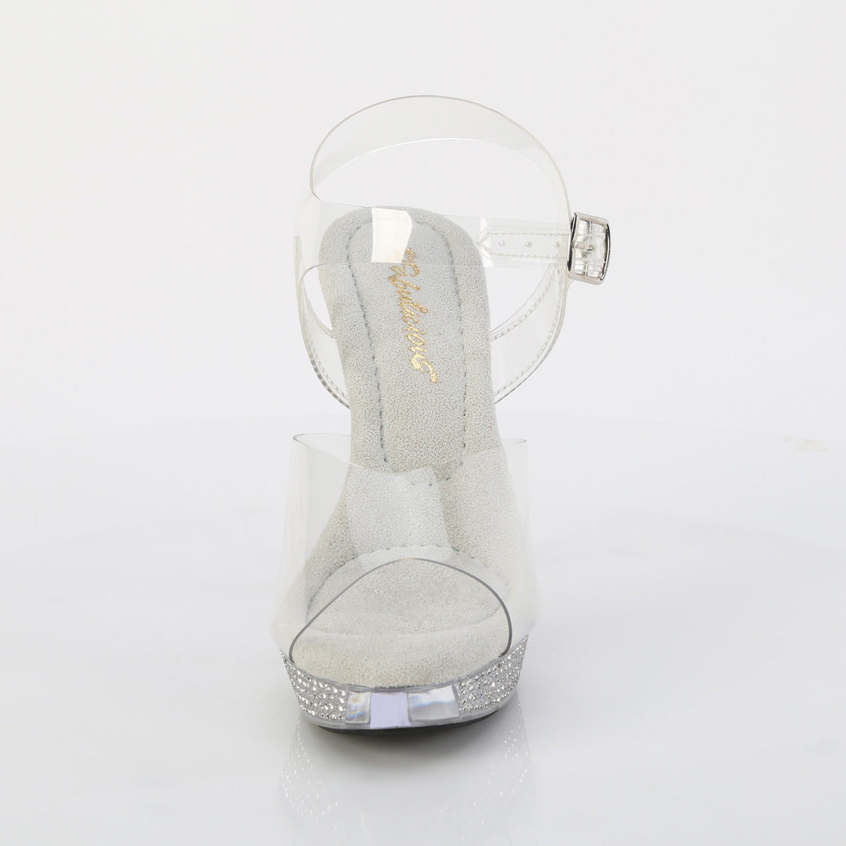 Fabulicious Athena-508 5 inch clear rhinestone platform ankle strap sandal, front view