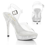 Fabulicious Athena-508 5 inch clear rhinestone platform ankle strap sandal, three-quarter view on white