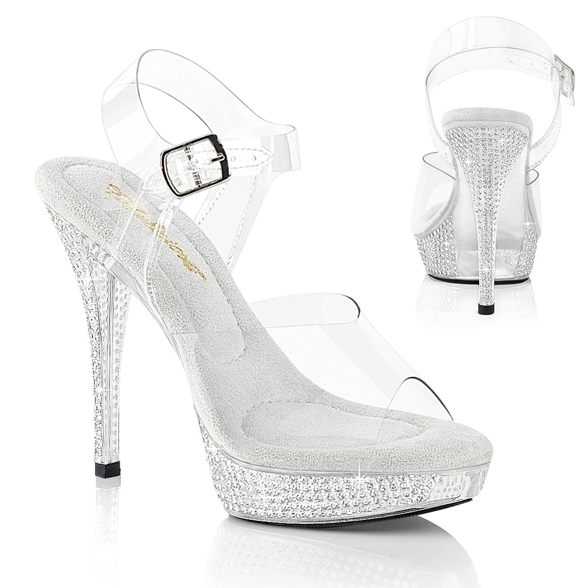 Fabulicious Athena-508 5 inch clear rhinestone platform ankle strap sandal, three-quarter view on white