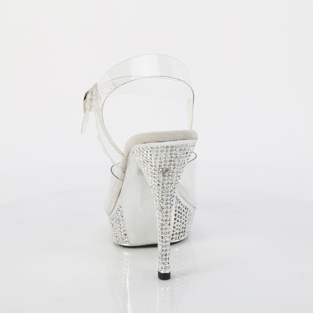 Fabulicious Athena-508 5 inch clear silver chrome rhinestone platform ankle strap sandal, back view of the heel