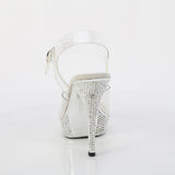 Fabulicious Athena-508 5 inch clear silver chrome rhinestone platform ankle strap sandal, back view of the heel