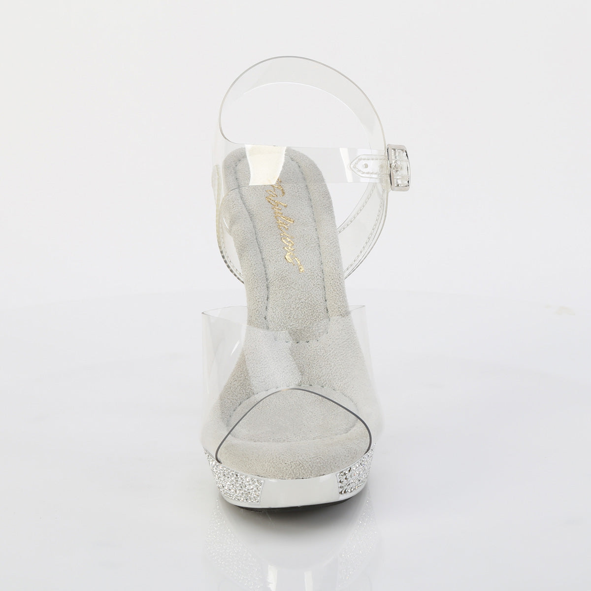 Fabulicious Athena-508 5 inch clear silver chrome rhinestone platform ankle strap sandal, front view