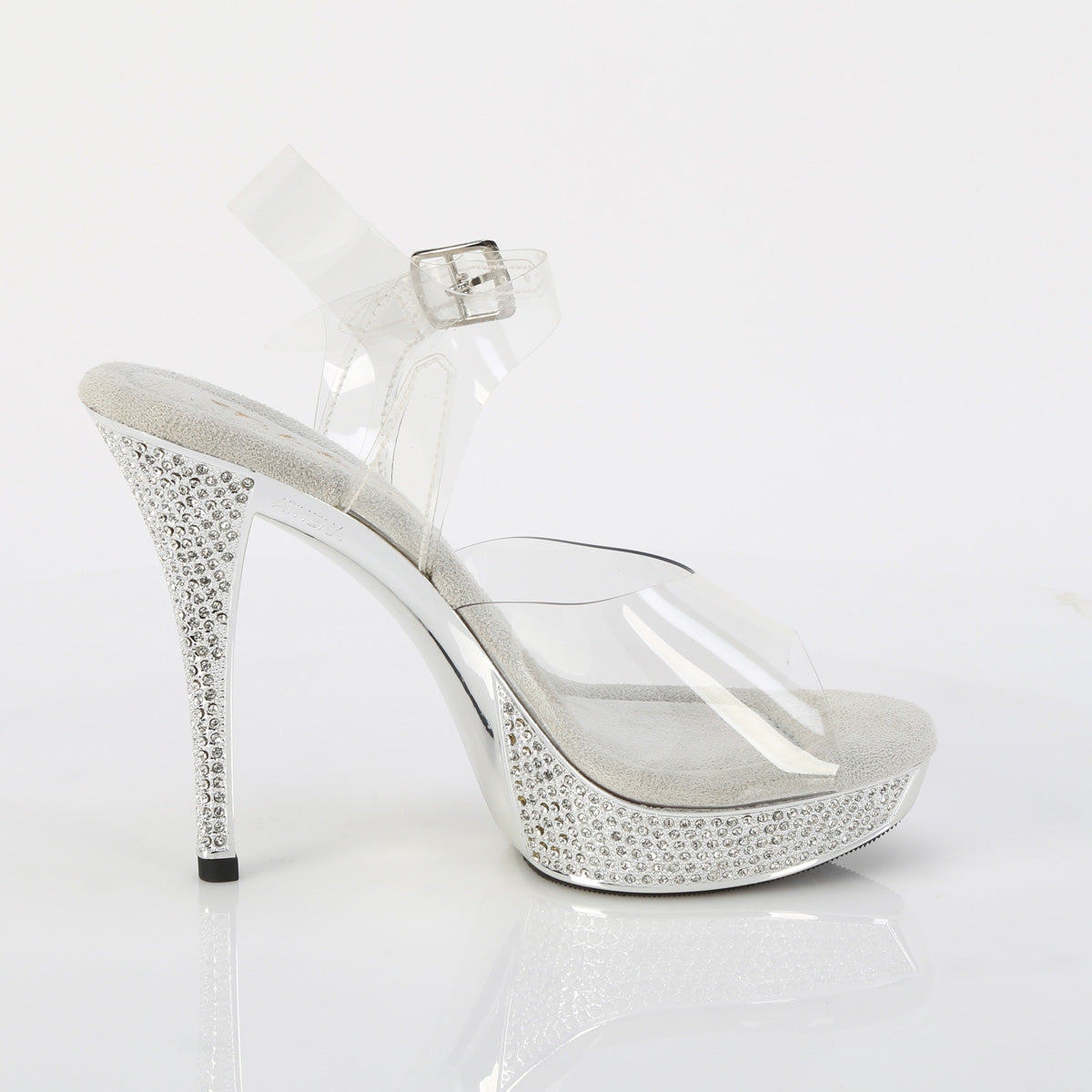 Fabulicious Athena-508 5 inch clear silver chrome rhinestone platform ankle strap sandal, inside view