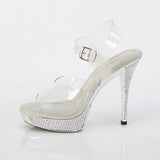 Fabulicious Athena-508 5 inch clear silver chrome rhinestone platform ankle strap sandal, side view of the heel
