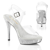 Fabulicious Athena-508 5 inch clear silver chrome rhinestone platform ankle strap sandal, three-quarter view on white