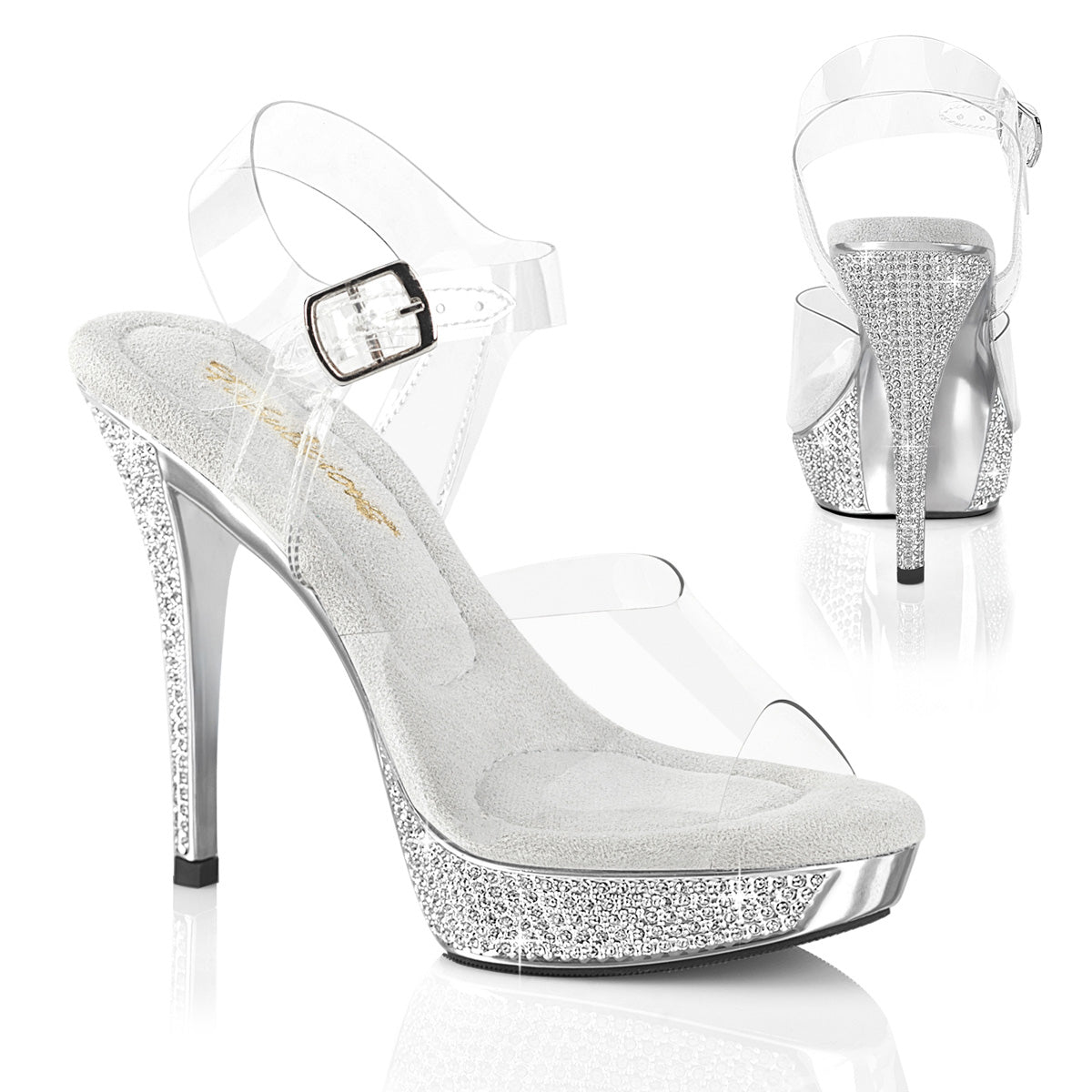 Fabulicious Athena-508 5 inch clear silver chrome rhinestone platform ankle strap sandal, three-quarter view on white
