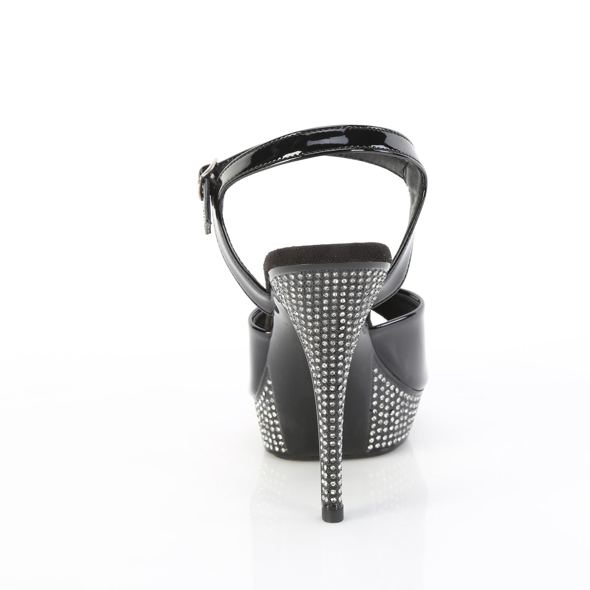 Fabulicious Athena-509 5 inch black rhinestone platform ankle strap sandal, back view of the heel