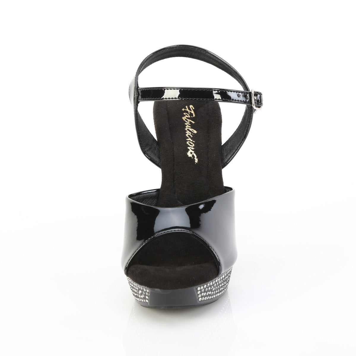 Fabulicious Athena-509 5 inch black rhinestone platform ankle strap sandal, front view