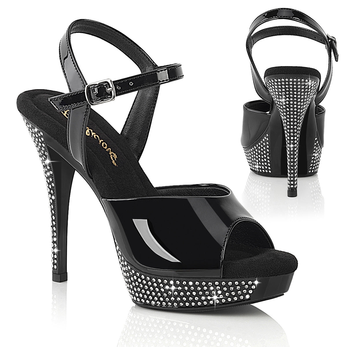Fabulicious Athena-509 5 inch black rhinestone platform ankle strap sandal, three-quarter view on white