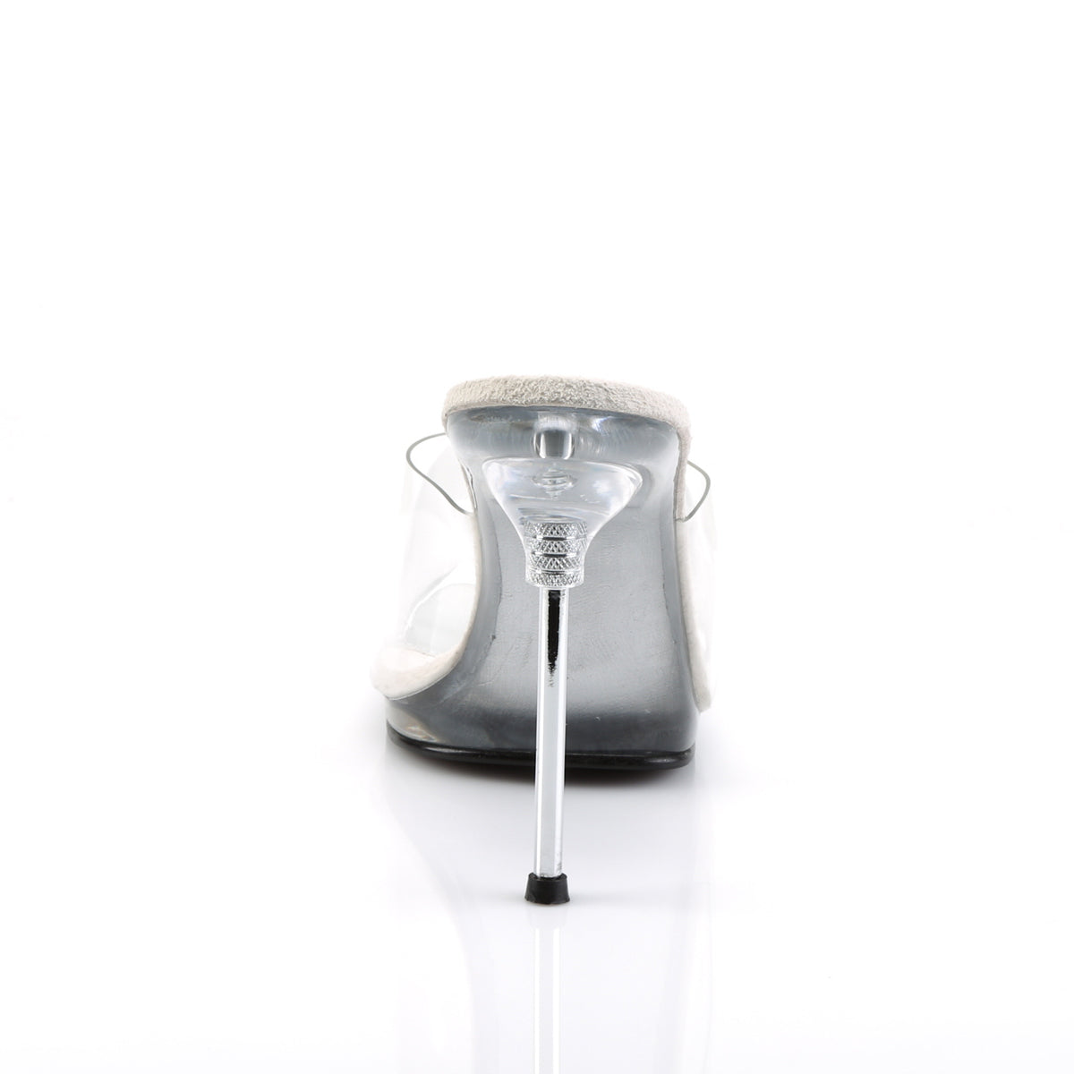 Fabulicious Chic-01 4.5 inch clear stiletto slide, back view of the heel