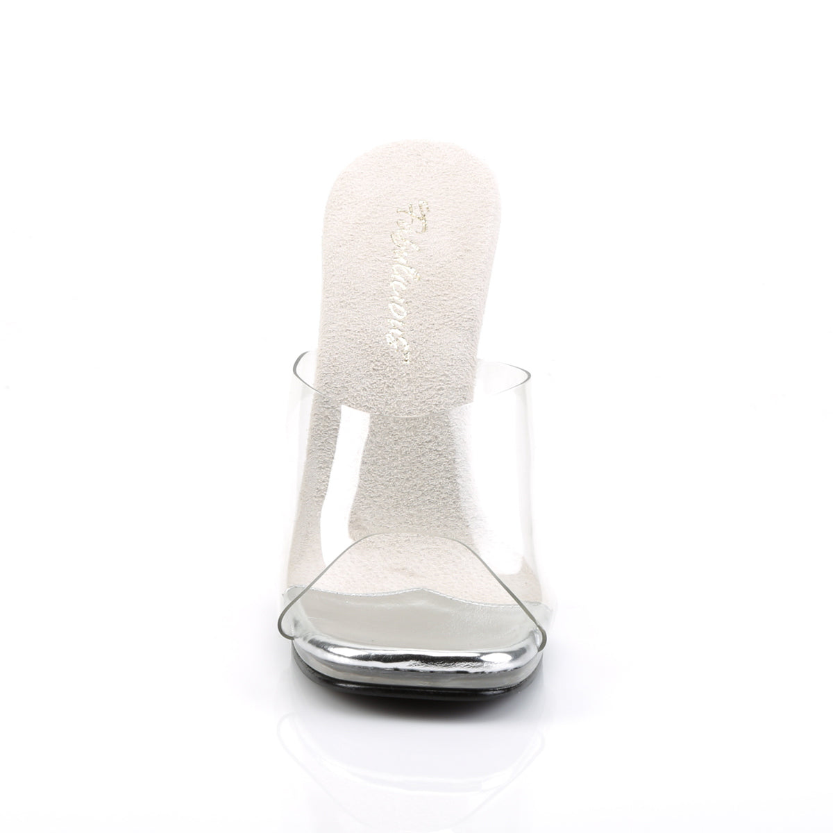 Fabulicious Chic-01 4.5 inch clear stiletto slide, front view