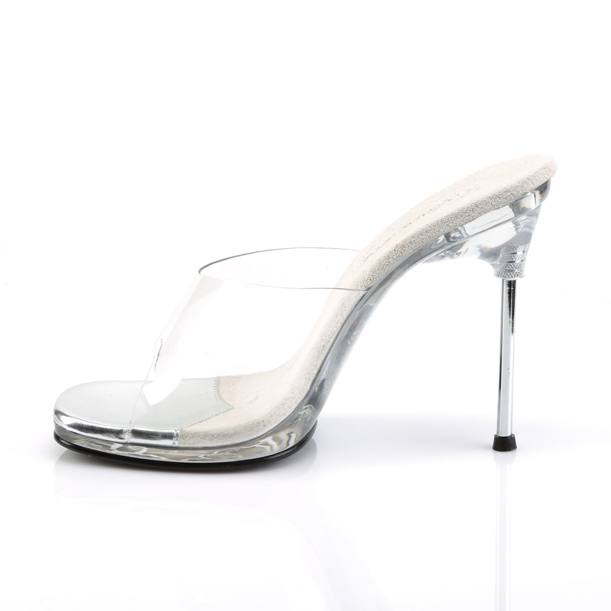 Fabulicious Chic-01 4.5 inch clear stiletto slide, side view of the heel