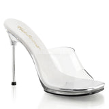 Fabulicious Chic-01 4.5 inch clear stiletto slide, three-quarter view on white