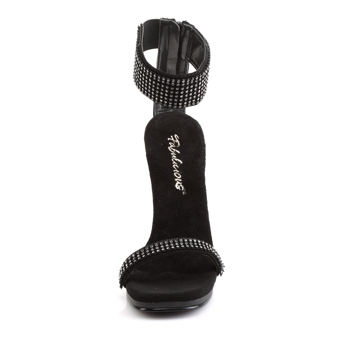Fabulicious Chic-40 4.5 inch black rhinestone ankle cuff heel, front view