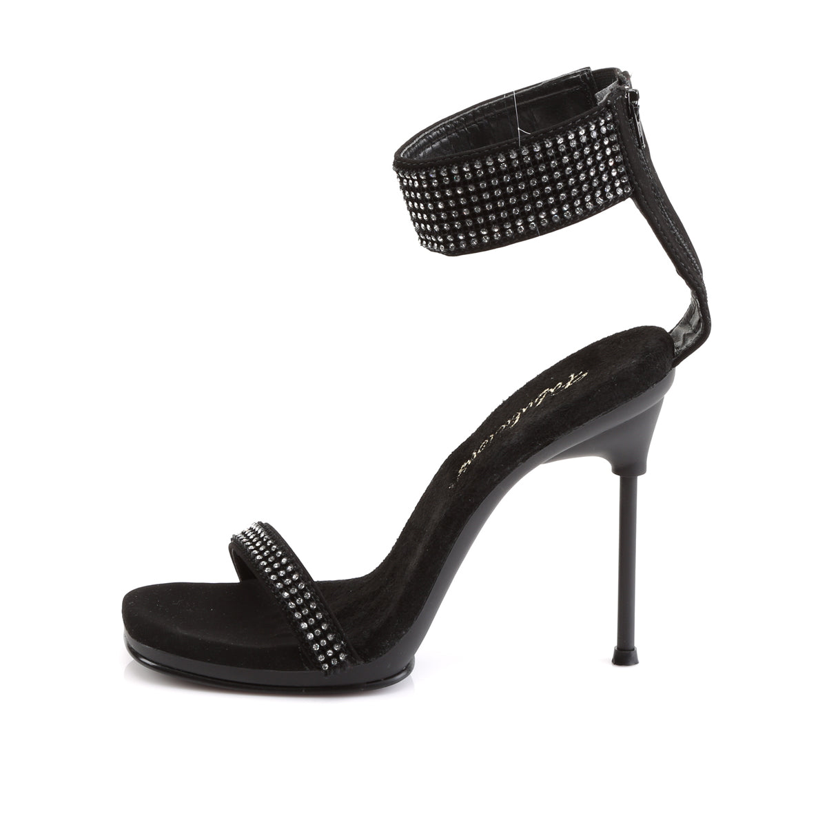 Fabulicious Chic-40 4.5 inch black rhinestone ankle cuff heel, side view of the heel