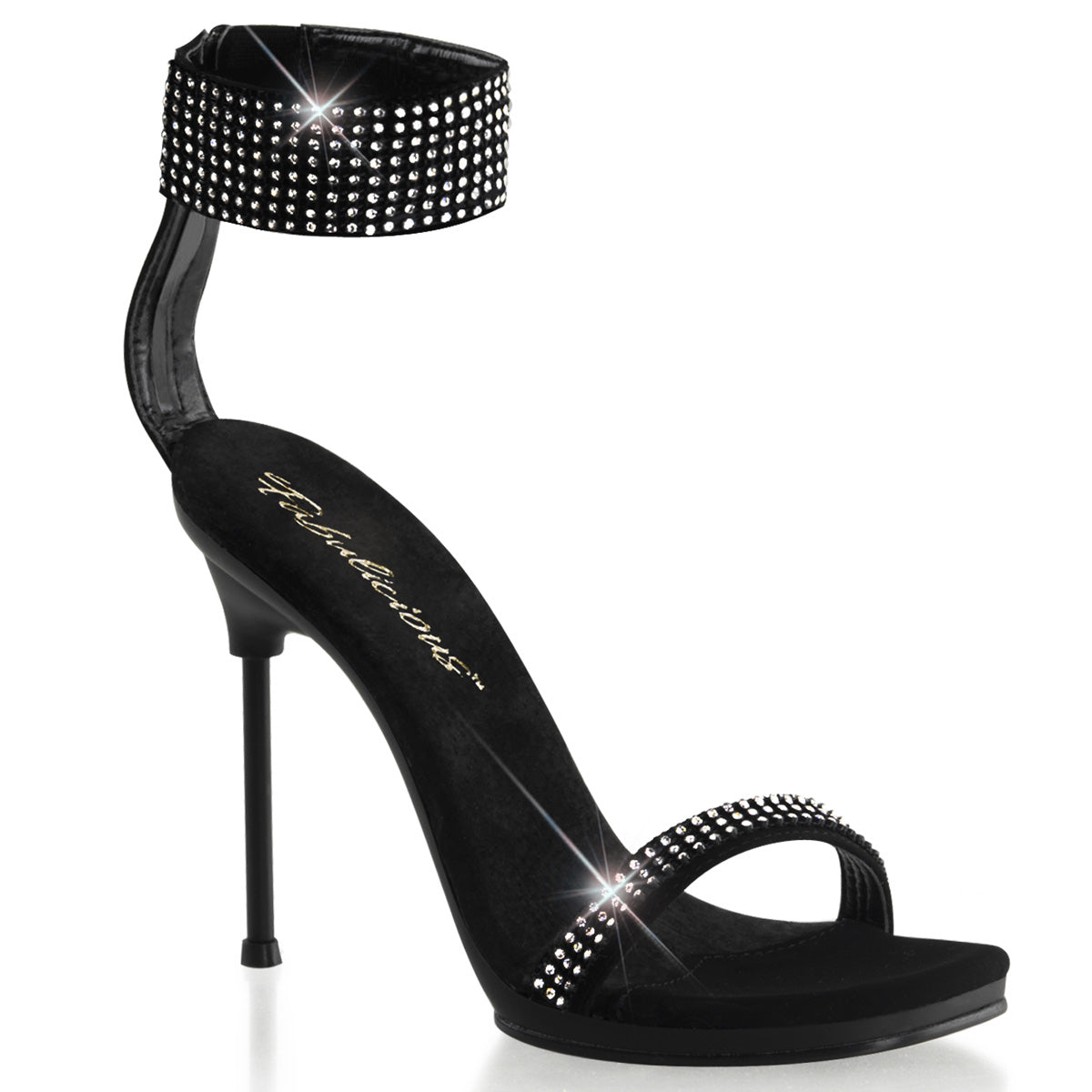 Fabulicious Chic-40 4.5 inch black rhinestone ankle cuff heel, three-quarter view on white