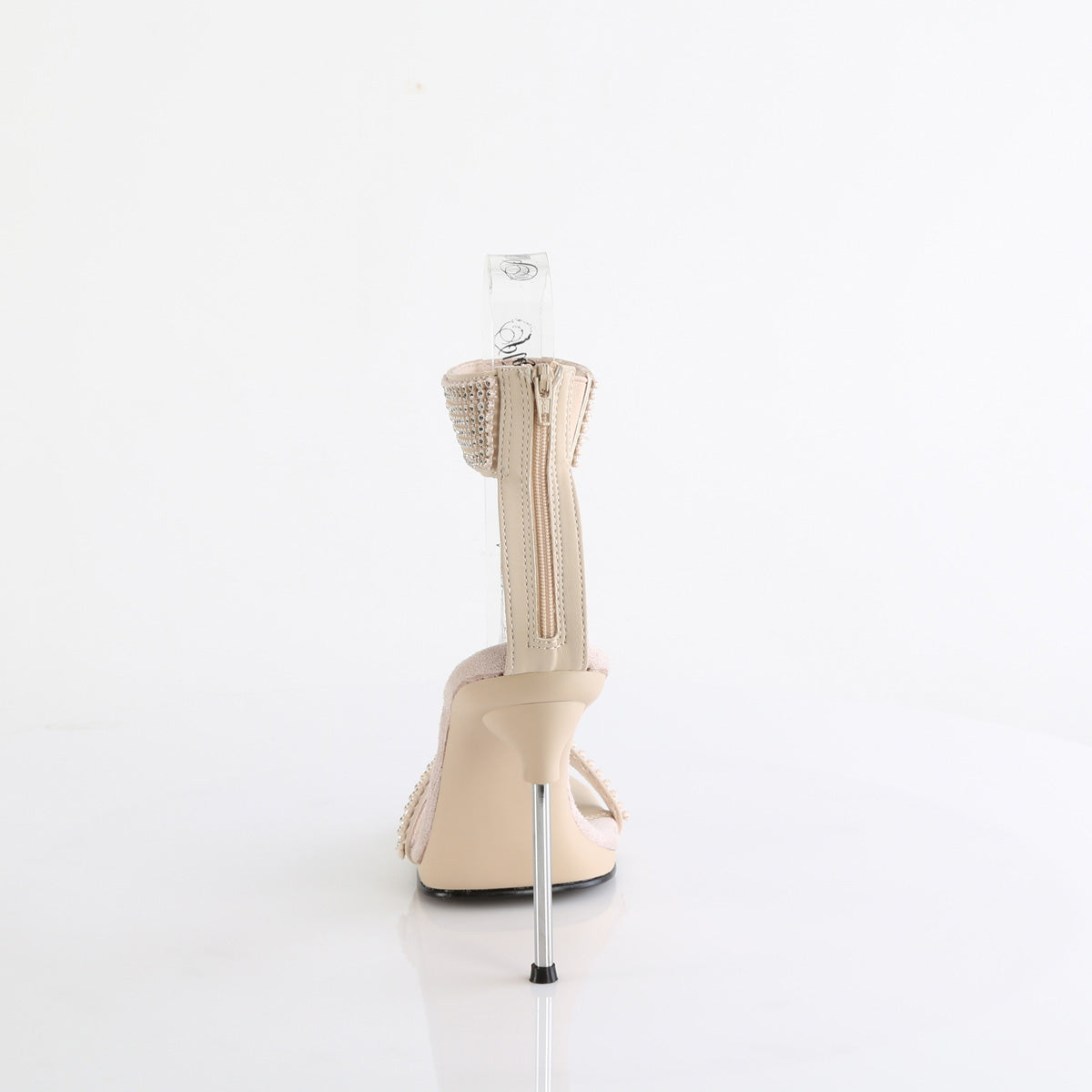 Fabulicious Chic-40 4.5 inch nude rhinestone ankle cuff heel, back view of the heel