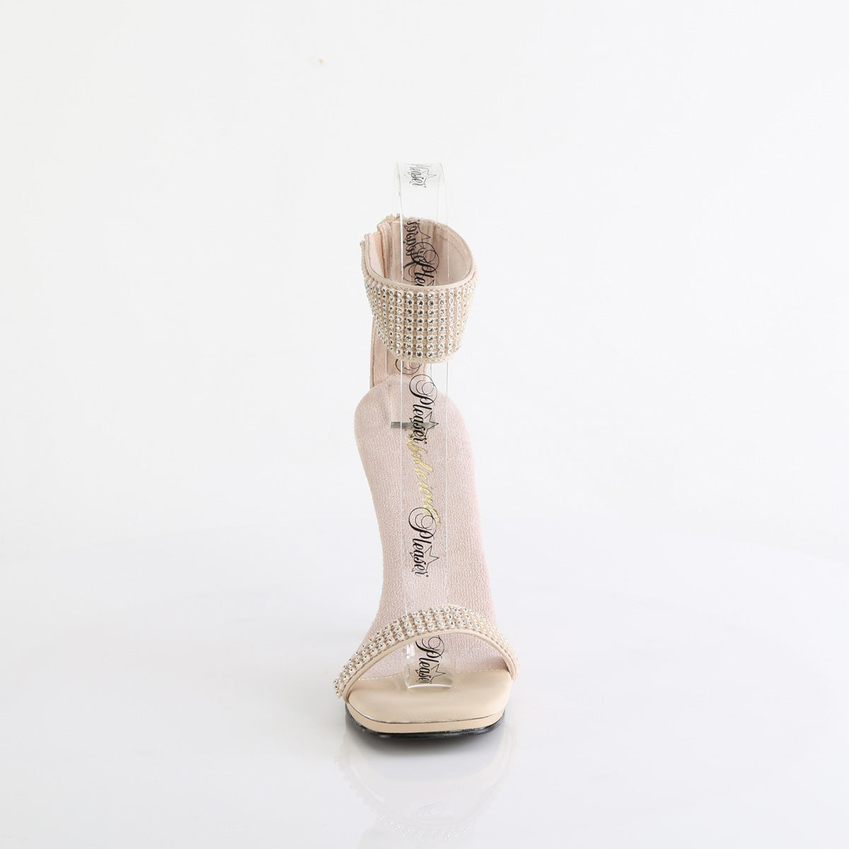 Fabulicious Chic-40 4.5 inch nude rhinestone ankle cuff heel, front view