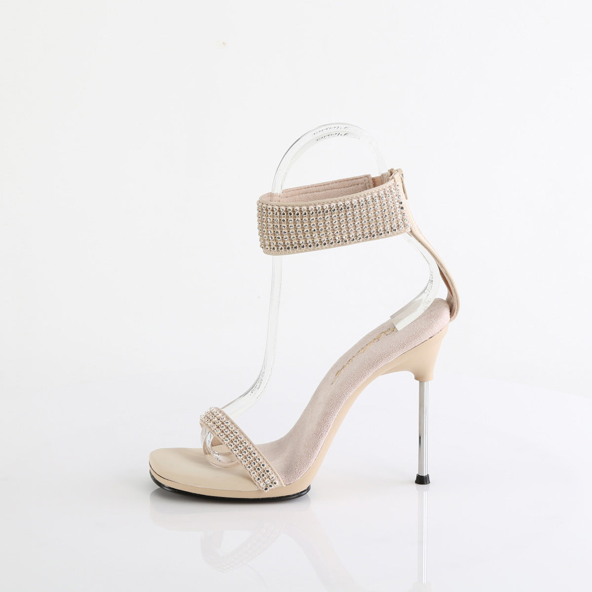 Fabulicious Chic-40 4.5 inch nude rhinestone ankle cuff heel, side view of the heel