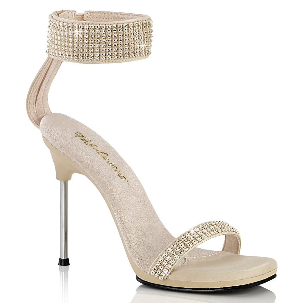 Fabulicious Chic-40 4.5 inch nude rhinestone ankle cuff heel, three-quarter view on white