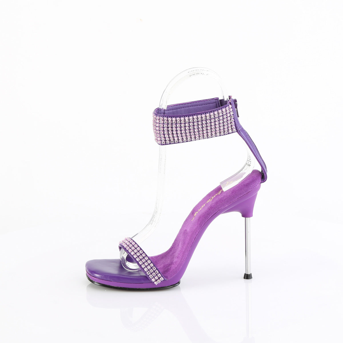 Fabulicious Chic-40 4.5 inch purple rhinestone ankle cuff heel, side view of the heel