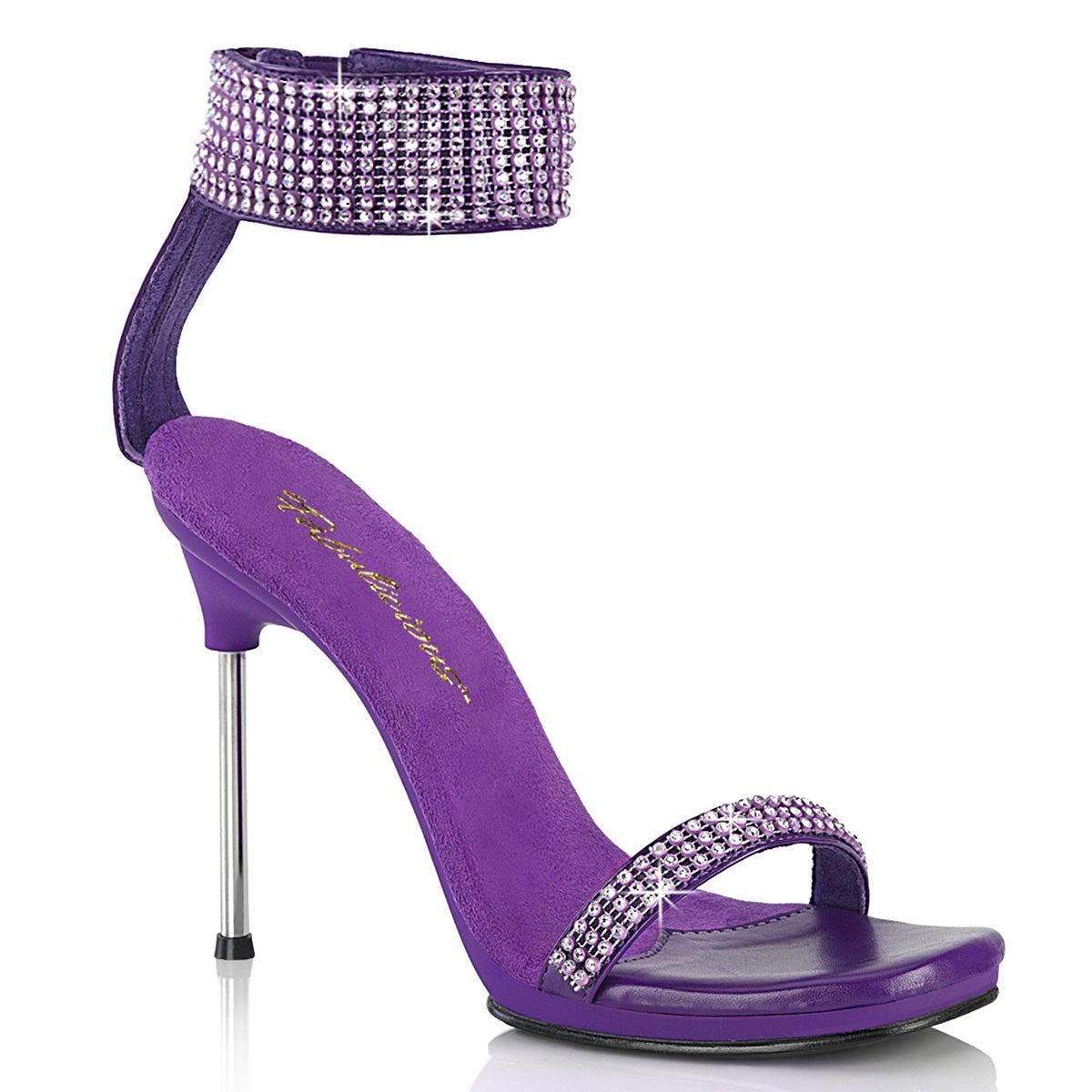 Fabulicious Chic-40 4.5 inch purple rhinestone ankle cuff heel, three-quarter view on white