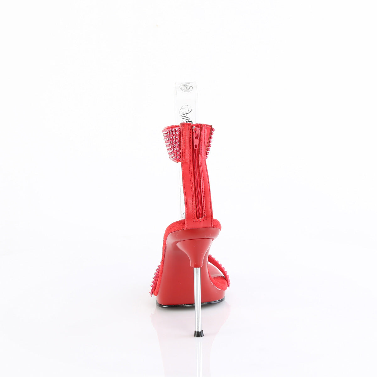 Fabulicious Chic-40 4.5 inch red rhinestone ankle cuff heel, back view of the heel
