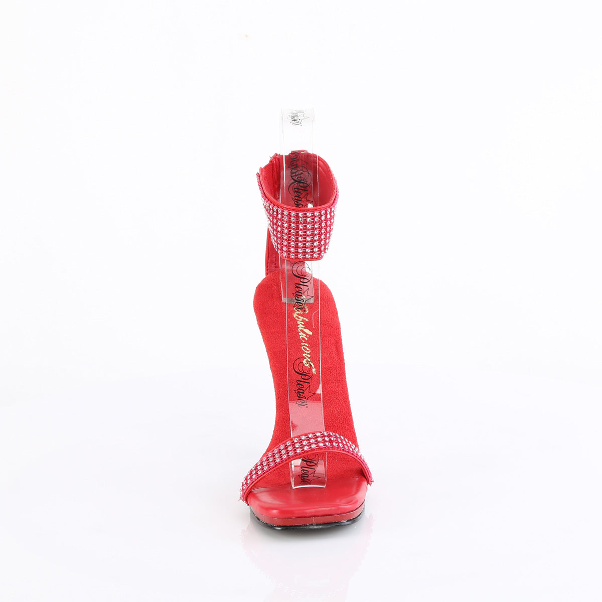 Fabulicious Chic-40 4.5 inch red rhinestone ankle cuff heel, front view