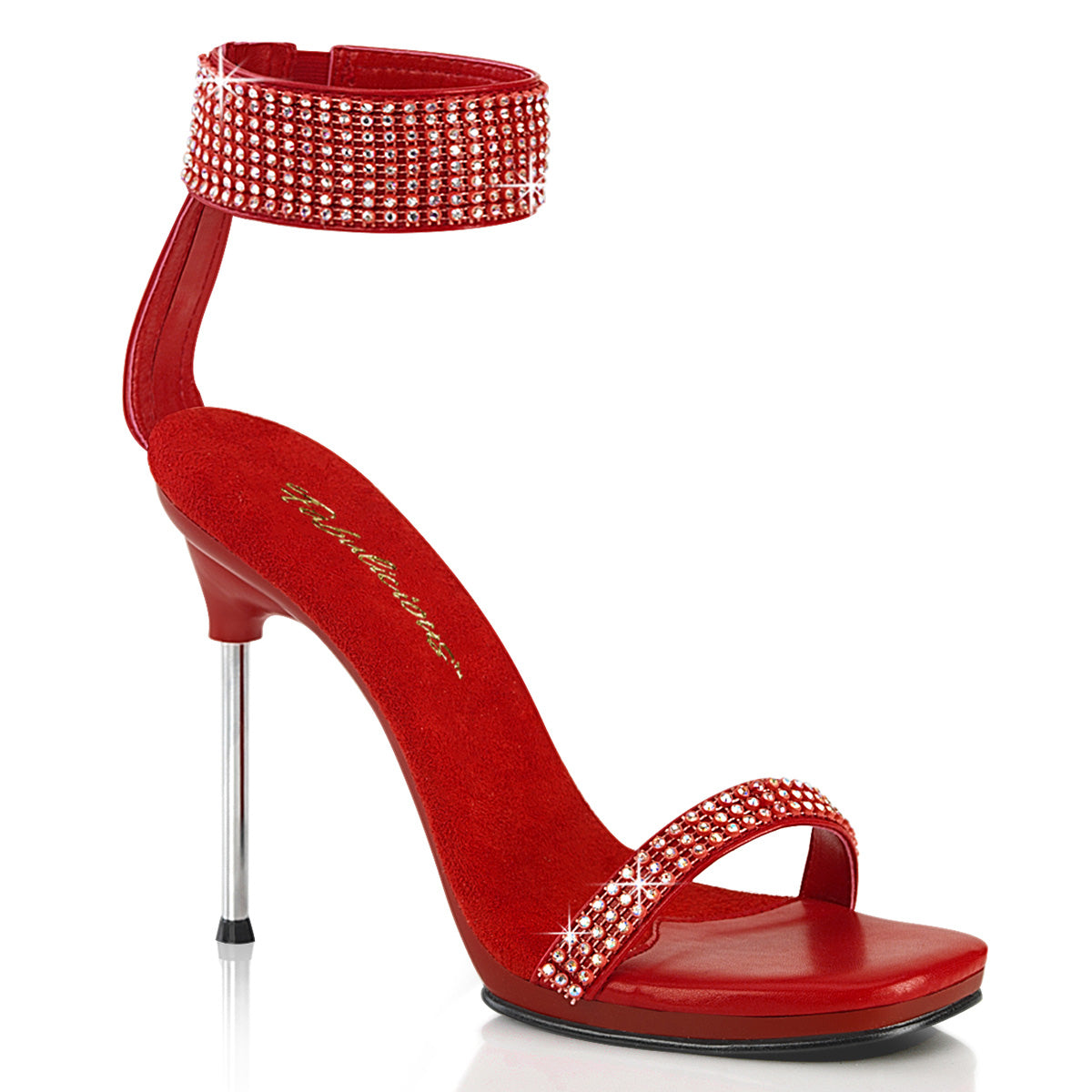 Fabulicious Chic-40 4.5 inch red rhinestone ankle cuff heel, three-quarter view on white