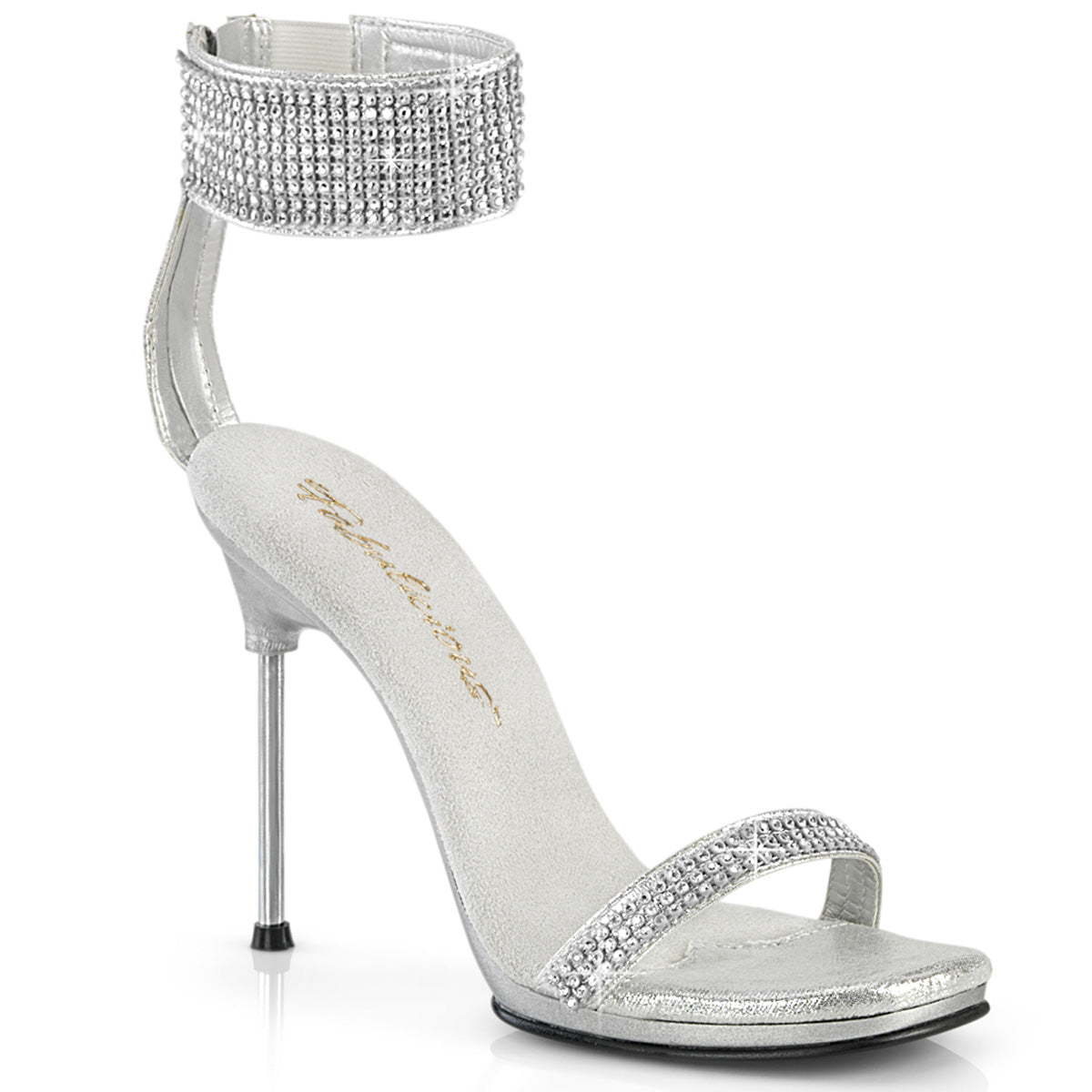 Fabulicious Chic-40 4.5 inch silver rhinestone ankle cuff heel, three-quarter view on white