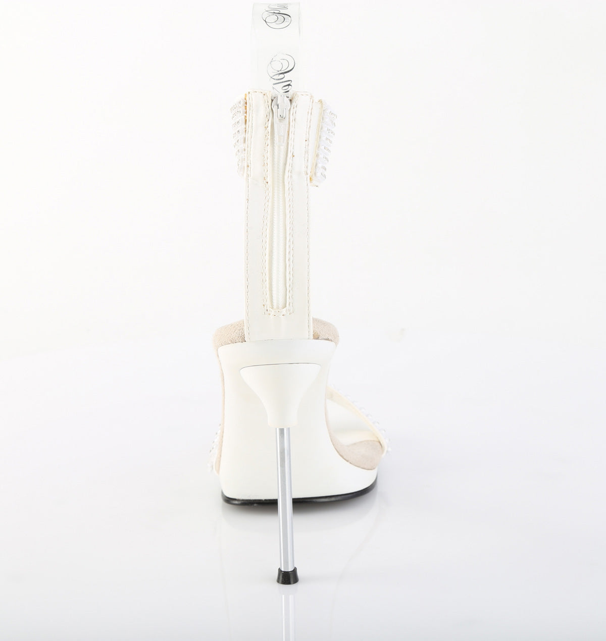 Fabulicious Chic-40 4.5 inch white rhinestone ankle cuff heel, back view of the heel
