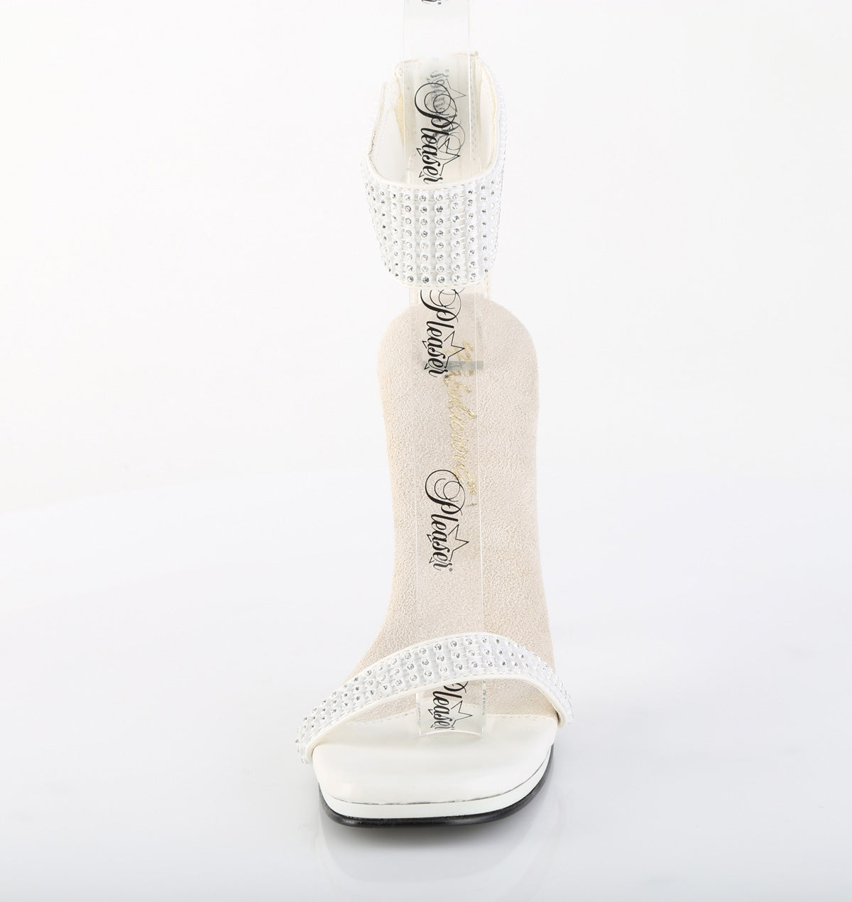 Fabulicious Chic-40 4.5 inch white rhinestone ankle cuff heel, front view