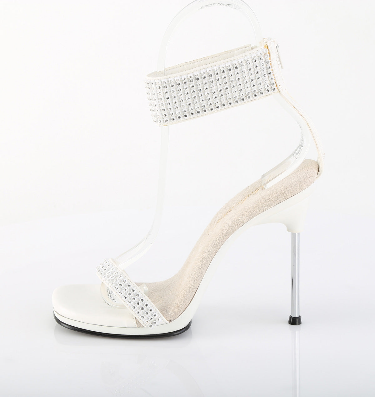 Fabulicious Chic-40 4.5 inch white rhinestone ankle cuff heel, side view of the heel